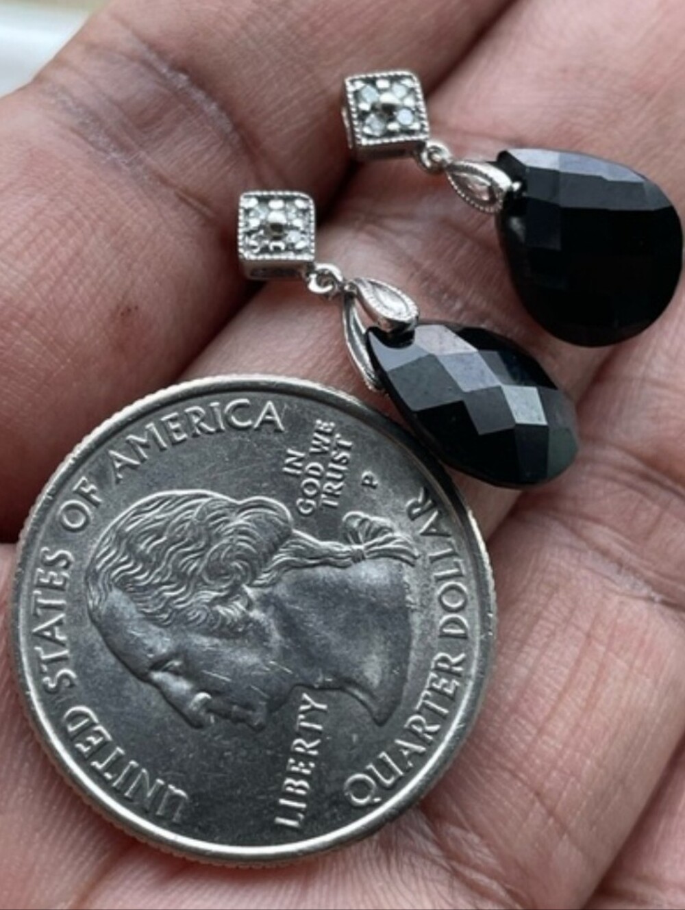 10kt Zales White Gold Genuine Black Onyx Teardrop Dangle Earrings
